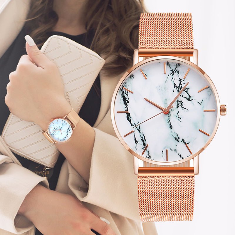 Fashion Rose Gold Mesh Band Creative Marble Female Wrist Watch - Mateo Starr
