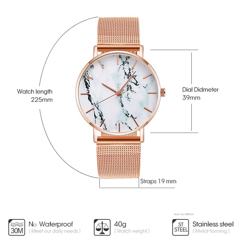 Fashion Rose Gold Mesh Band Creative Marble Female Wrist Watch - Mateo Starr